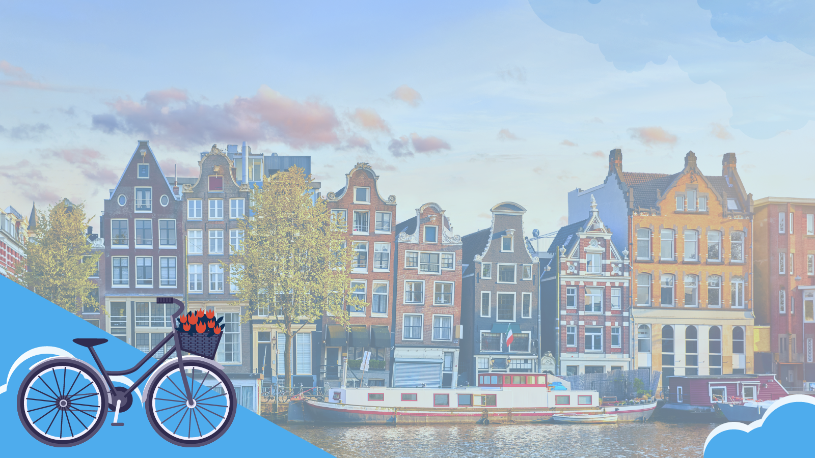 Illustration of a canal in Amsterdam with traditional Dutch row houses and boats, overlaid with a graphic of a bicycle carrying tulips in a basket on the bottom left.