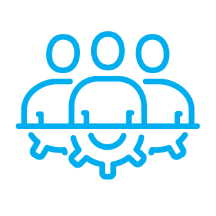Blue line icon of three people standing behind a gear, representing advocacy, teamwork, and organizational collaboration.