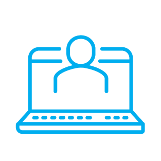 Blue line icon of a person displayed on a laptop screen, representing virtual learning, online education, or digital training.