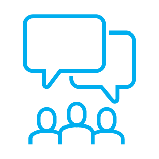 Blue line icon of three people with two overlapping speech bubbles above them, symbolizing networking, communication, and community engagement.